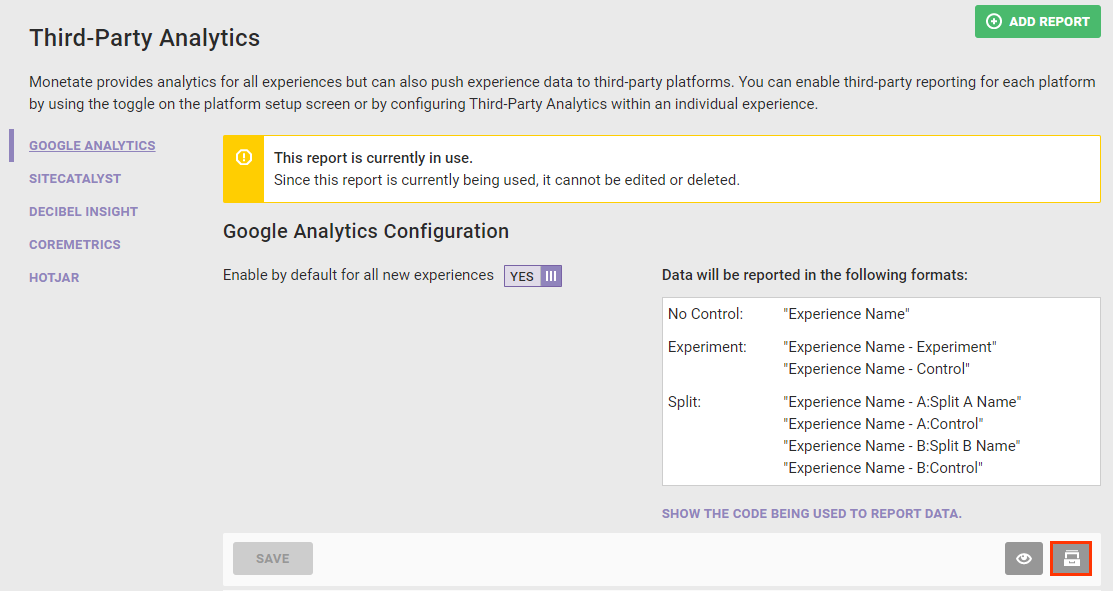 Callout of the archive icon for the Google Analytics report on the 'Third-Party Analytics' tab of the Integration page