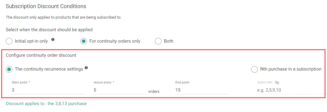 The subscription discount conditions with Continuity Orders Only and recurrence settings toggled