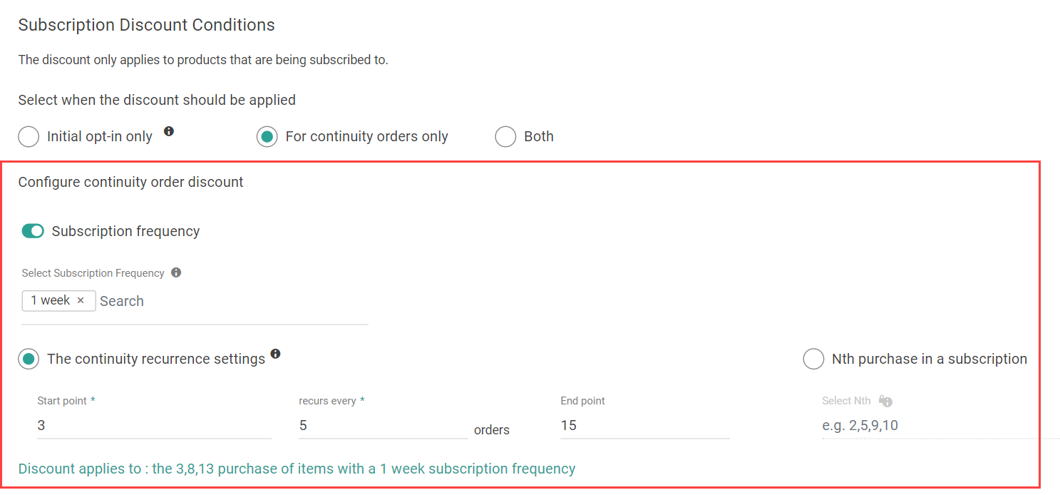 The subscription discount conditions with Continuity Orders Only, subscription frequency, and recurrence settings toggled