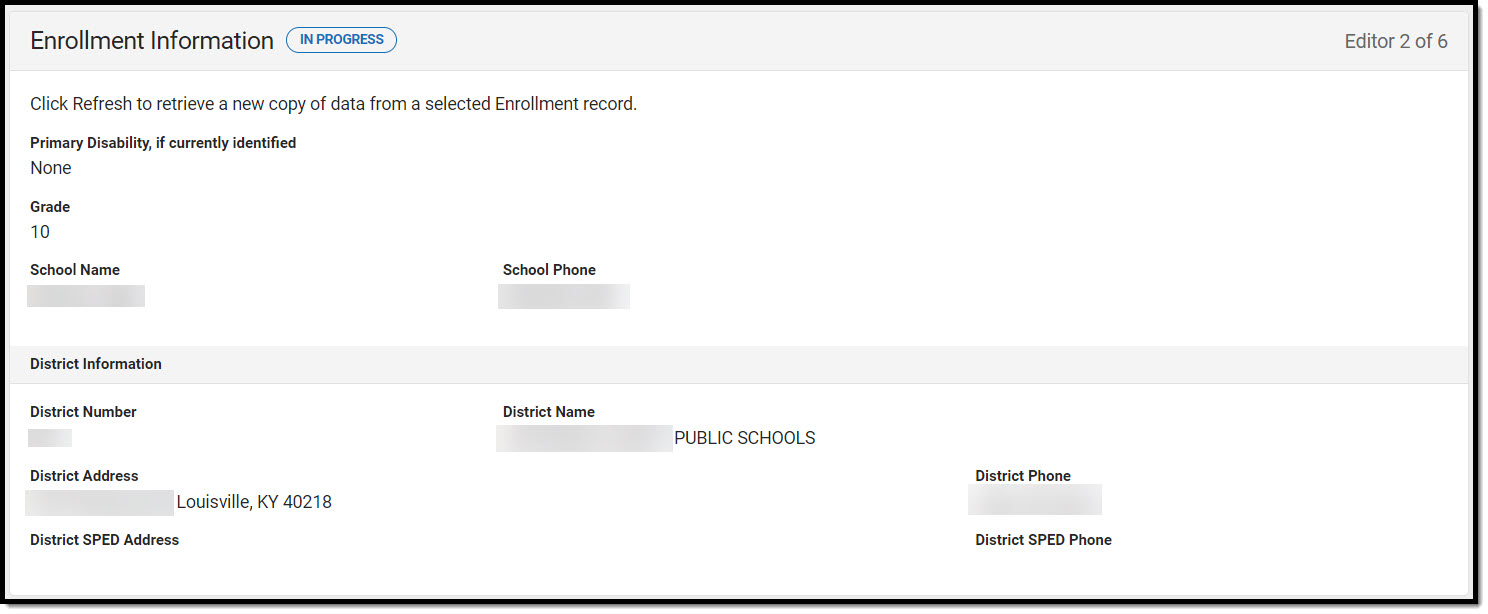 Screenshot of Enrollment Information editor in an In Progress status