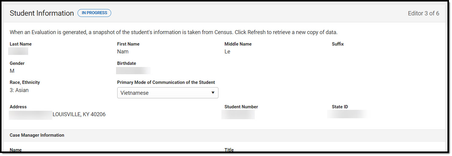 Screenshot of Student Information editor in an In Progress status
