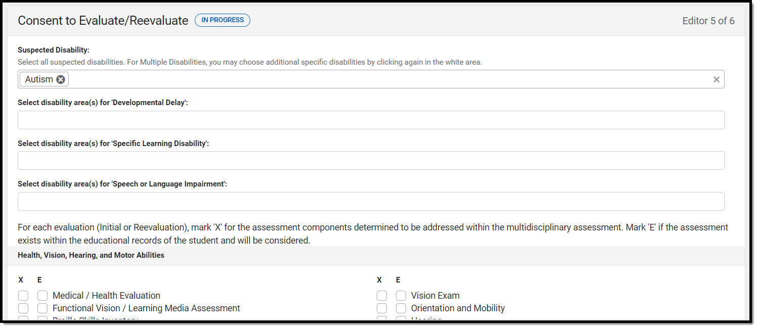 Screenshot of Consent to Evaluate/Reevaluate editor with Autism selected as the student's suspected disability