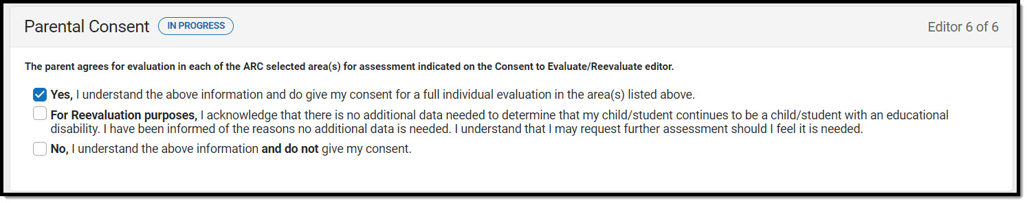 Screenshot of Parental Consent editor with the Yes checkbox marked
