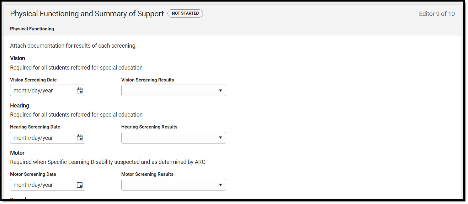 Screenshot of the Physical Functioning and Summary of Support editor.