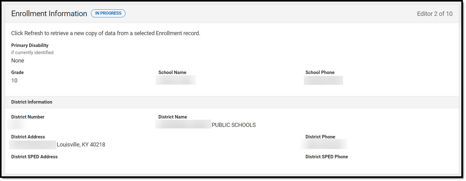 Screenshot of the Enrollment Information editor. 