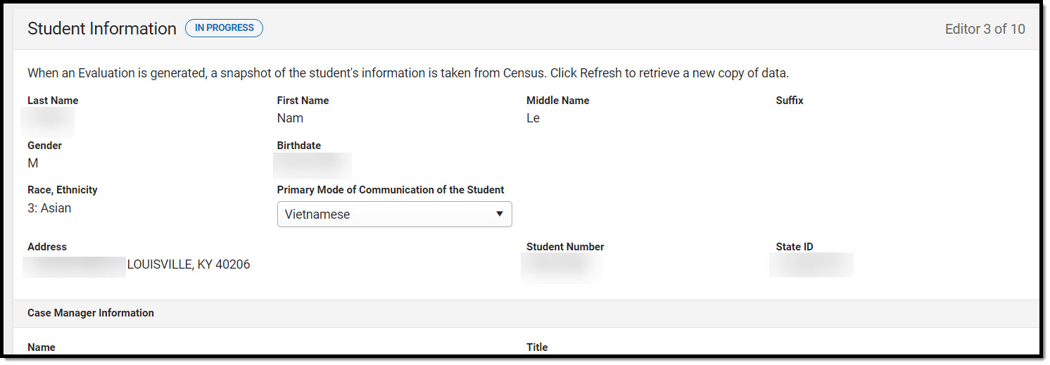 Screenshot of the Student Information editor. 