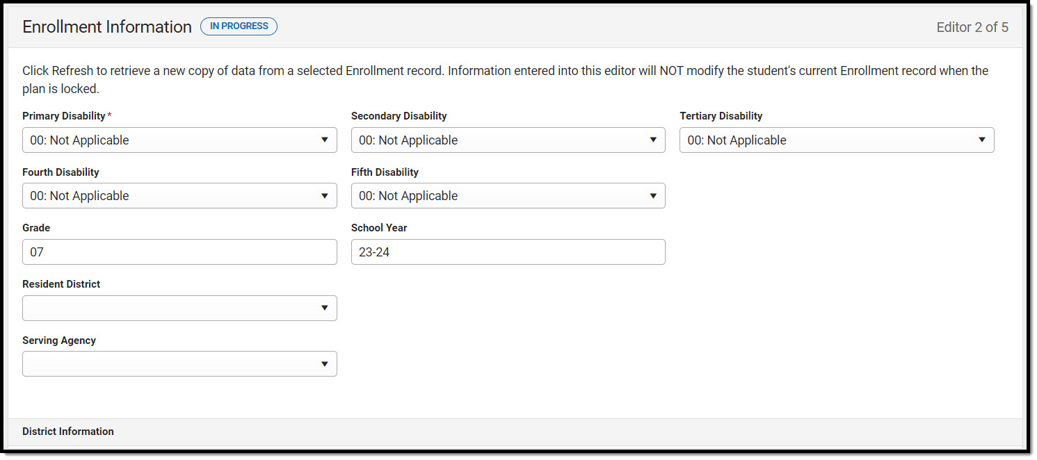 Screenshot of Enrollment information editor.