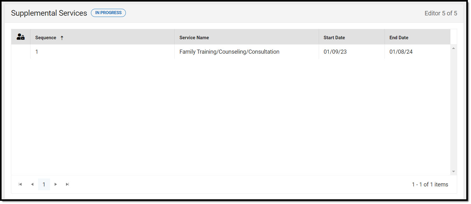 Screenshot of the supplemental services list screen.