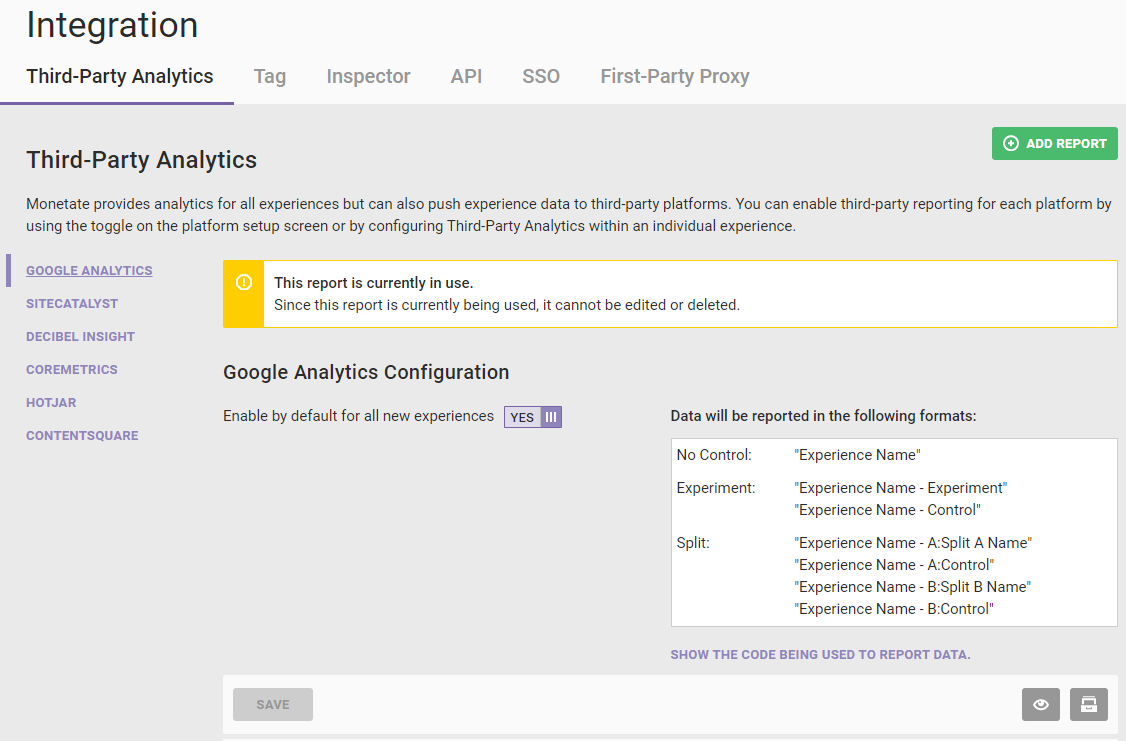 The Third-Party Analytics tab of the Integration page