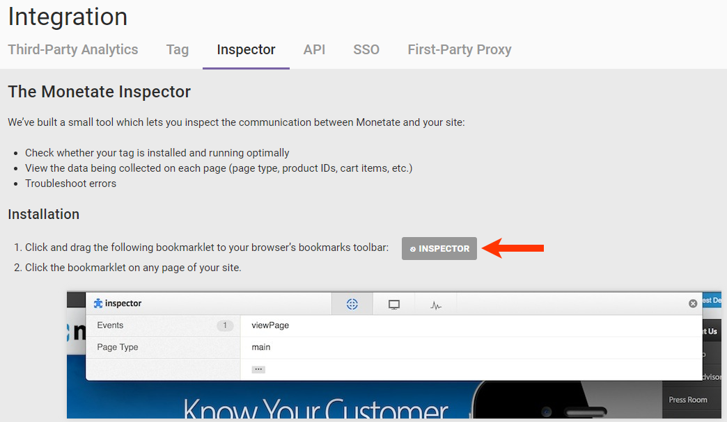 The Inspector tab of the Integration page, with a callout of the INSPECTOR button to download the browser plug-in