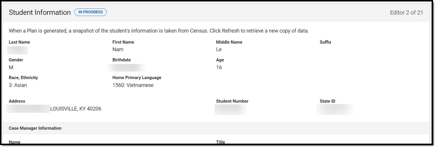Screenshot of the Student Information editor. 