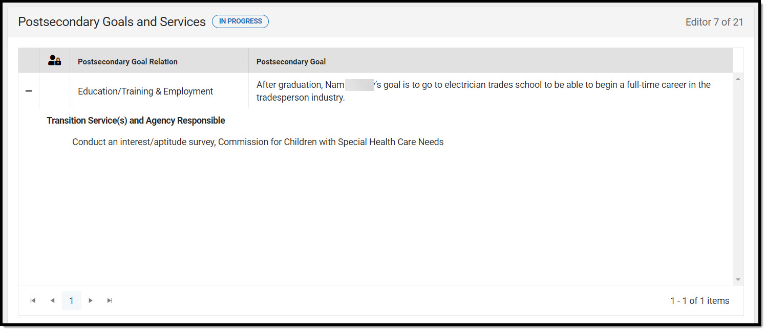 Screenshot of the Postsecondary Goals and Services editor. 