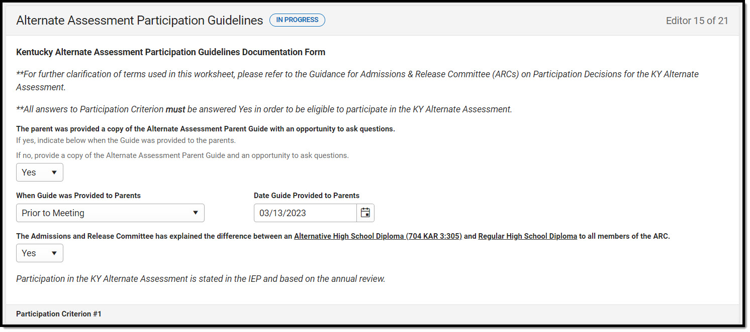 Screenshot of the Alternate Assessment Participation Guidelines editor.