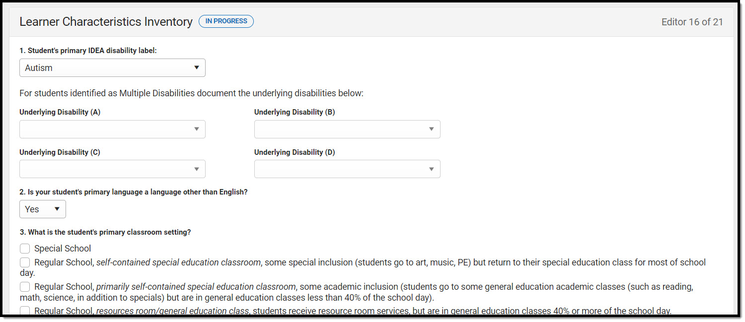 Screenshot of the Learner Characteristics Inventory editor.
