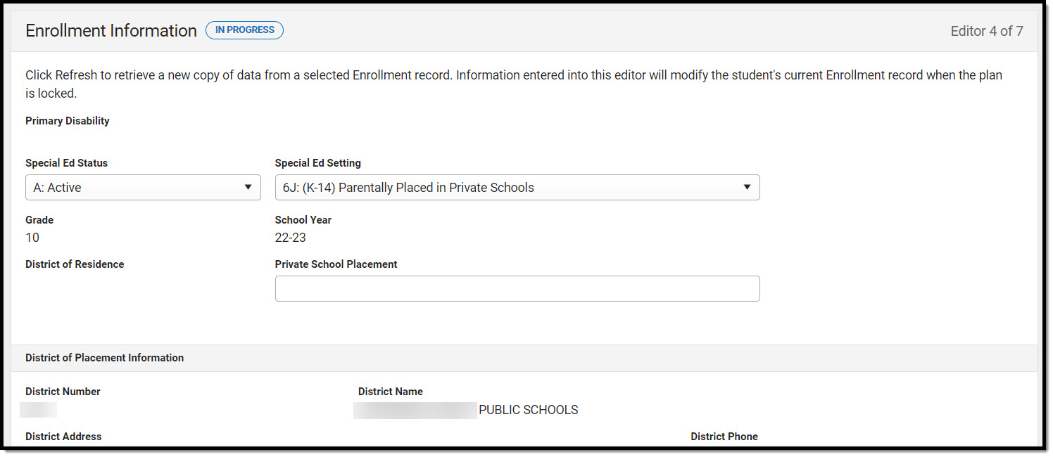 Screenshot of the Enrollment Information editor. 