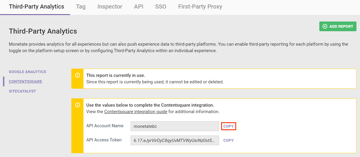 Callout of the COPY button for the 'API Account Name' field on the Contentsquare configuration panel of the Third-Party Analytics tab of the Integration page of the Monetate platform