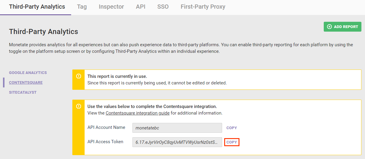 Callout of the API Account Name field, the API Access Token field, and the Next button in Contentsquare