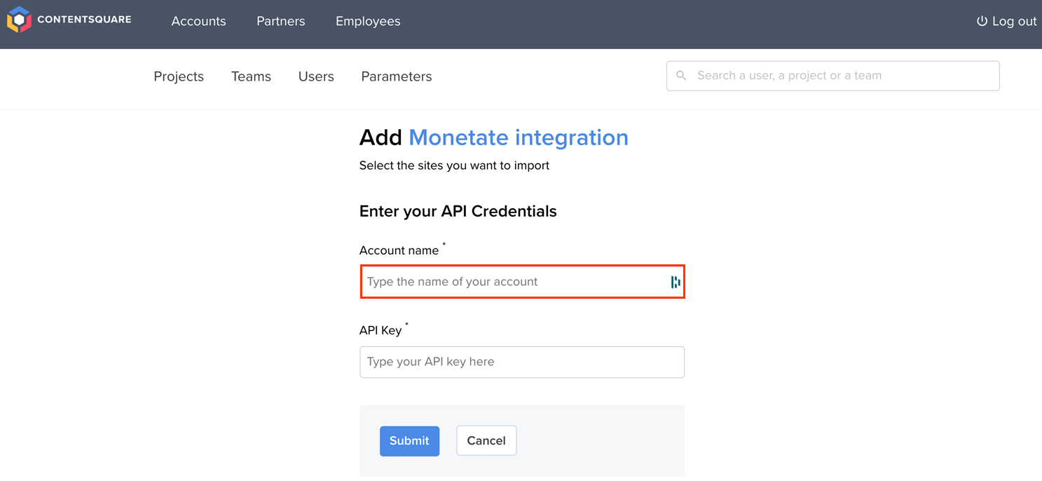 Callout of the 'Account name' field on the Monetate API Integration page of the Contentsquare platform