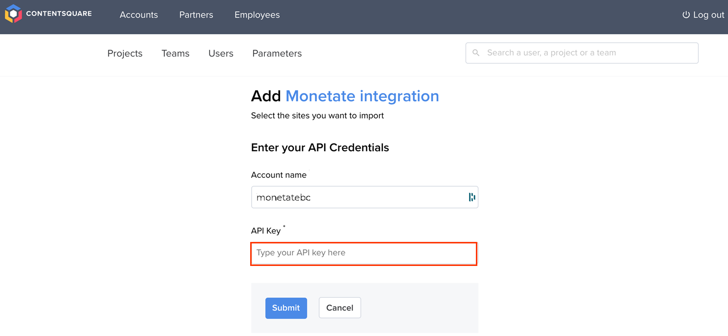 Callout of the 'API Key' field on the Monetate API Integration page of the Contentsquare platform
