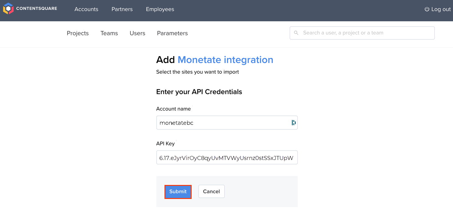 Callout of the Submit button on the Monetate API Integration page of the Contentsquare platform