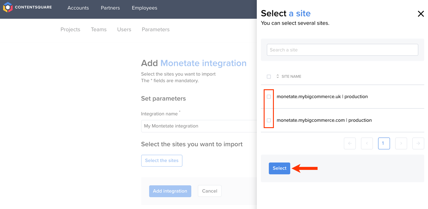 Callout of the selection checkboxes for two retail websites and of the Select button on the 'Select a site' modal of the 'Set parameters' panel for a Monetate integration in the Contentsquare platform
