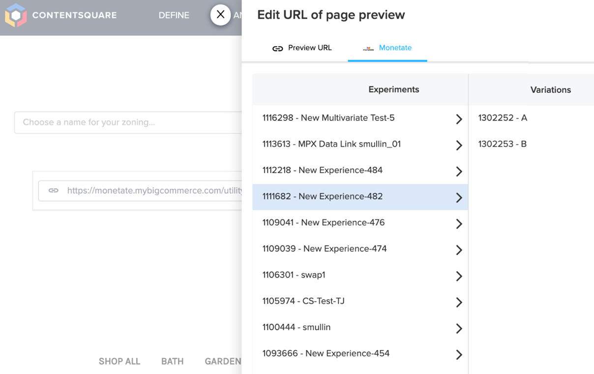 The 'Edit URL of page preview' flyout in the Contentsquare platform