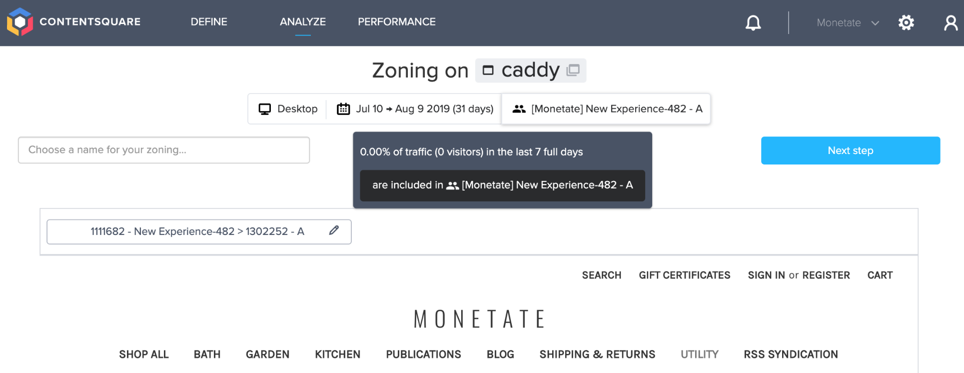 Contentsquare Zoning information overlaying a product detail page on which a Monetate experience is running