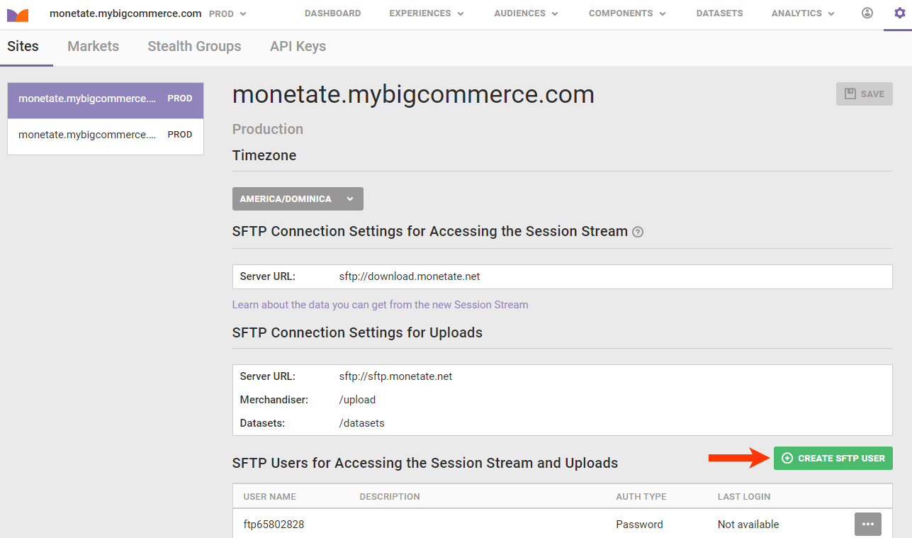 Callout of the 'CREATE SFTP USER' button on the Sites tab of the Monetate platform settings