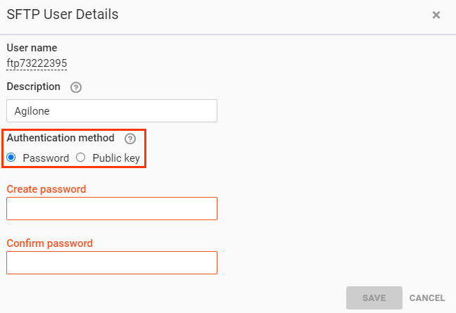 Callout of the 'Password' and 'Public key' authentication method options on the 'SFTP User Details' modal