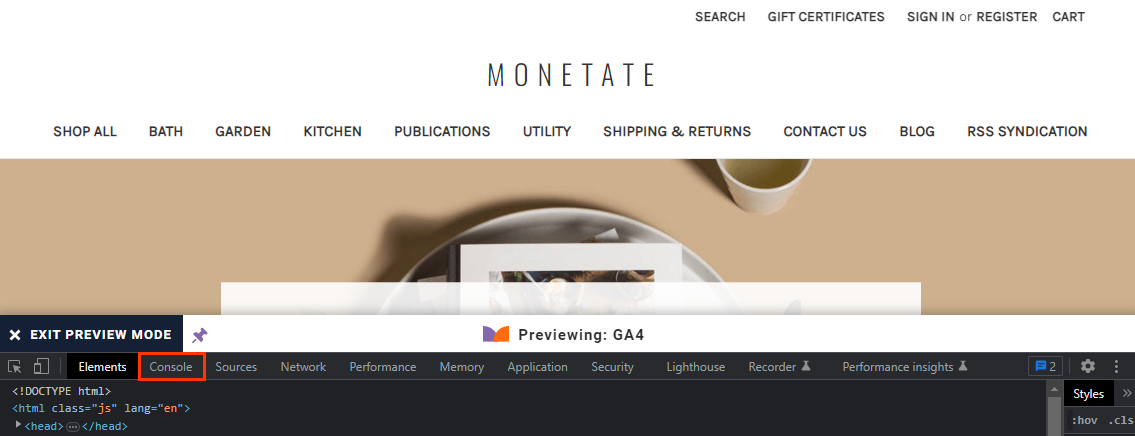A retail site, with a message that states, 'PREVIEWING:  GA4' below the active portion of the browser window. The browser developer tools window is docked below the message, with a callout of the 'Console' tab