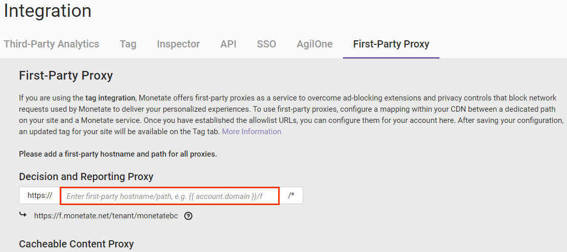 Callout of the 'Decision and Reporting Proxy' field on the 'First-Party Proxy' tab