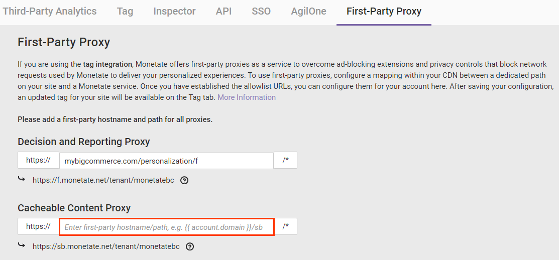 Callout of the 'Cacheable Content Proxy' field on the 'First-Party Proxy' tab