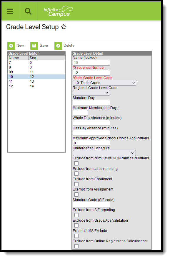 Screenshot of the Grade Level Setup editor located at Scheduling & Courses, Calendar. 
