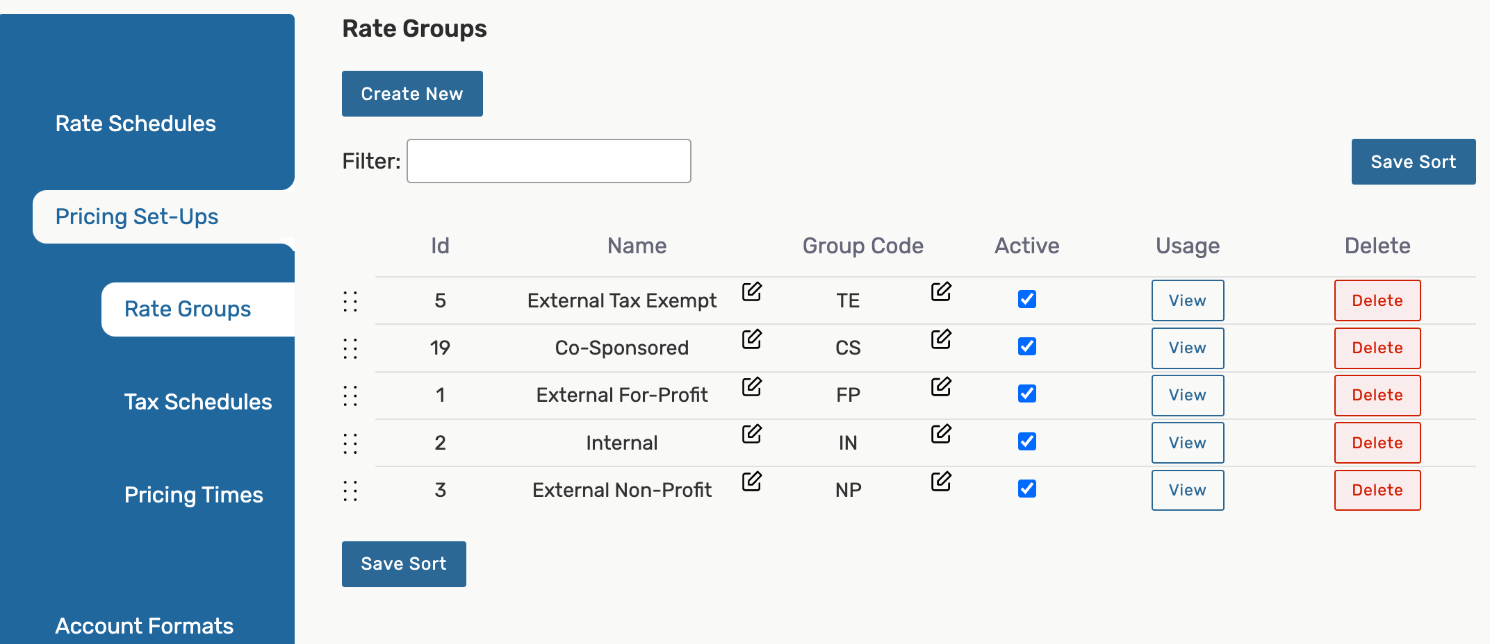 Rate groups in system settings