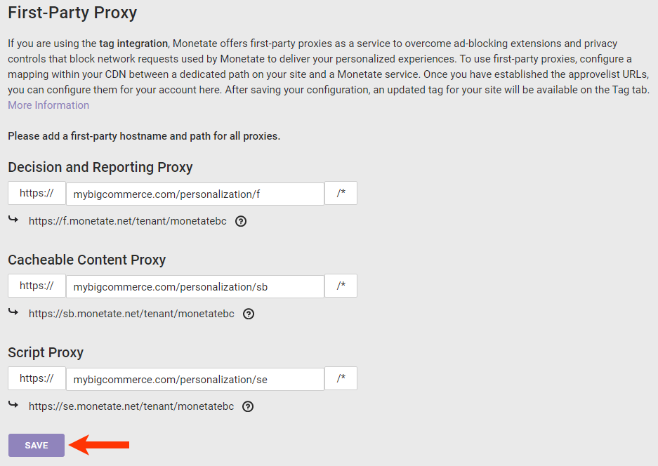 Callout of the SAVE button on the 'First-Party Proxy' tab
