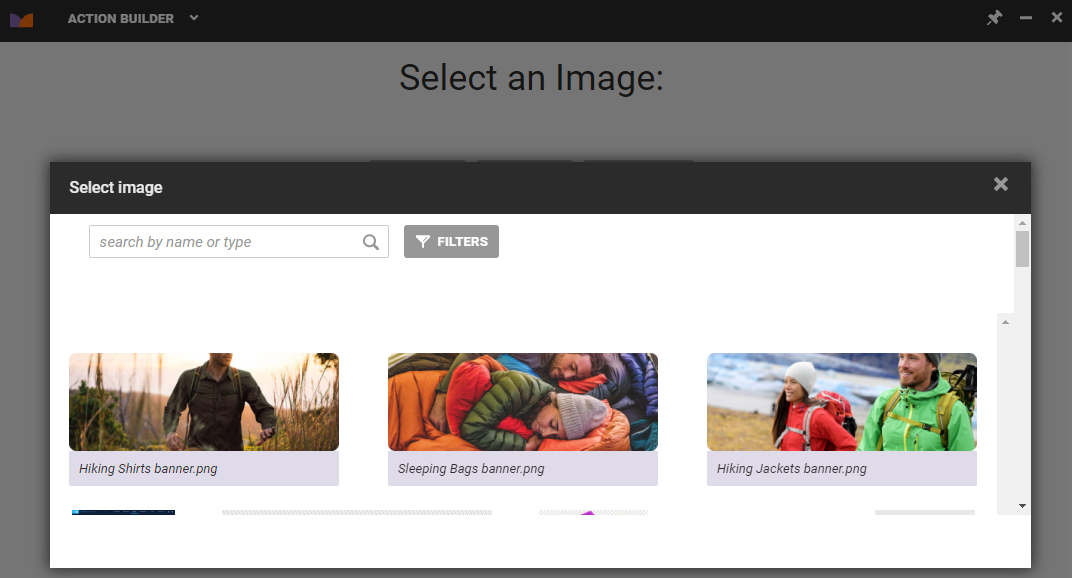 The 'Select image' modal of Action Builder, which displays image files contained in Content Manager