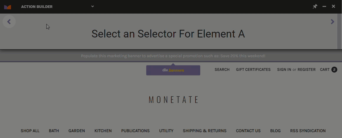 Animated demonstration of a user selecting the element that contains the 'Gift Certificates' button for the Swap Elements action