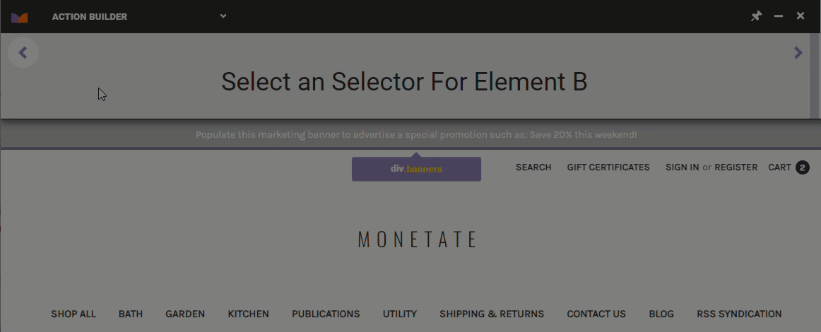Animated demonstration of a user selecting the element that contains the 'Contact Us' button for the Swap Elements action