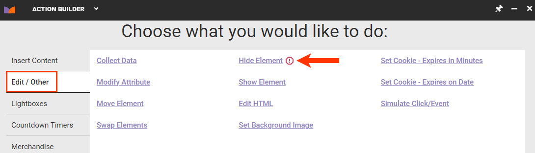 Callout of the 'Edit/Other' tab and the 'Hide Element' option