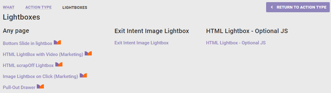 The Lightboxes panel of the WHAT settings, with a variety of lightbox action templates available