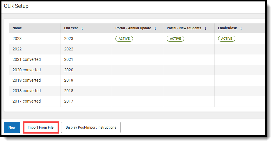 Screenshot of the OLR Setup Tool where the Import from File button is highlighted.