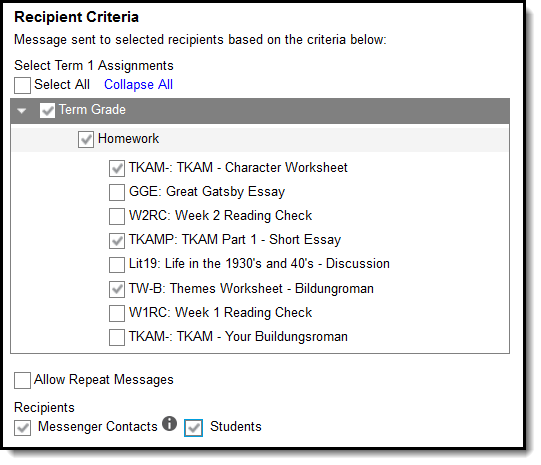 Screenshot of the Recipient Criteria step, with specific assignments selected to indicate the criteria causing recipients to receive a message.
