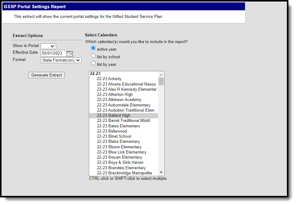 Screenshot of GSSP Portal Settings Report tool.