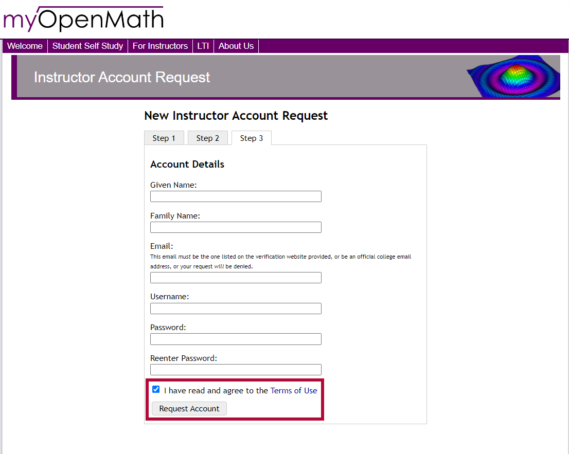Indicates the Terms of Use and Request Account