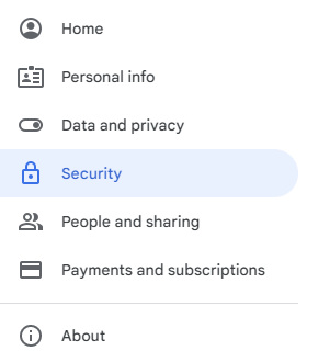 Google account menu showing the Security section highlighted