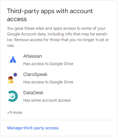 Google third party apps panel with Manage third-party access shown at the bottom of the menu