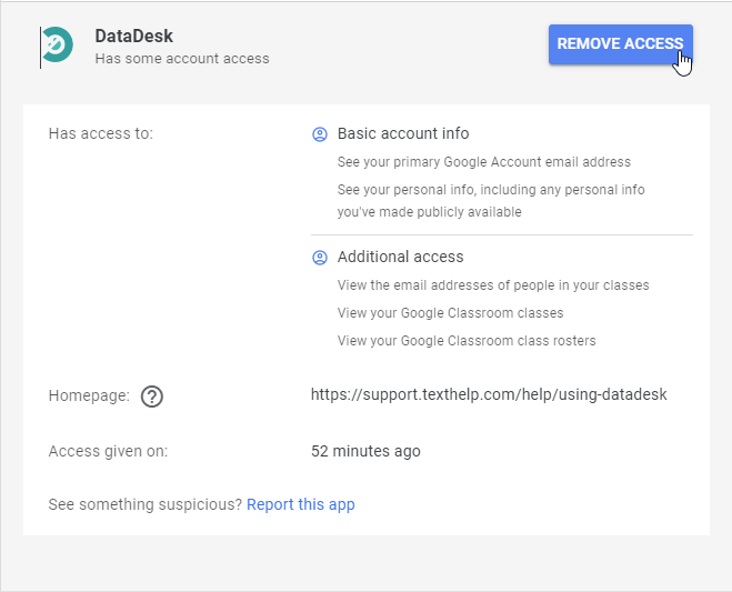 DataDesk's Google permissions showing the mouse above Remove Access