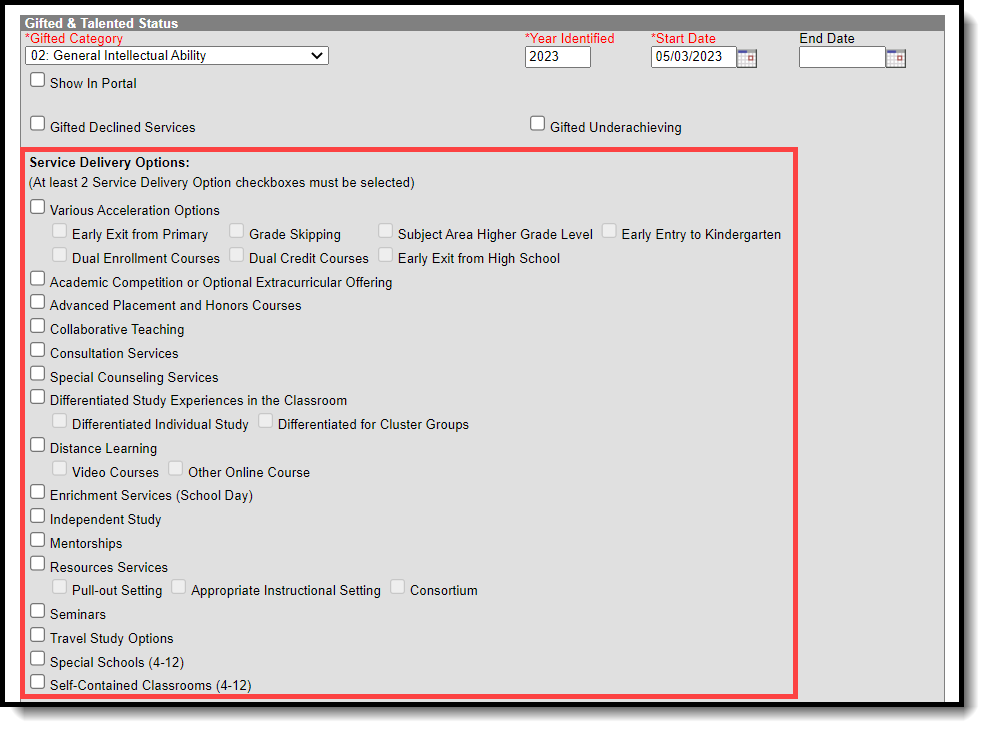 Screenshot highlighting the Service Delivery Options section. 