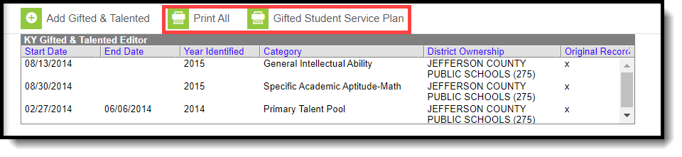 Screenshot highlighting the Print All and Gifted Student Service Plan buttons. 