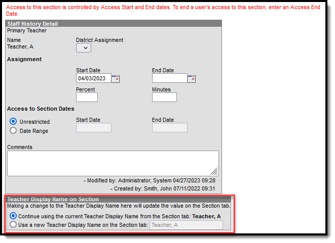 Screenshot of the Teacher Dispay Name on the Section